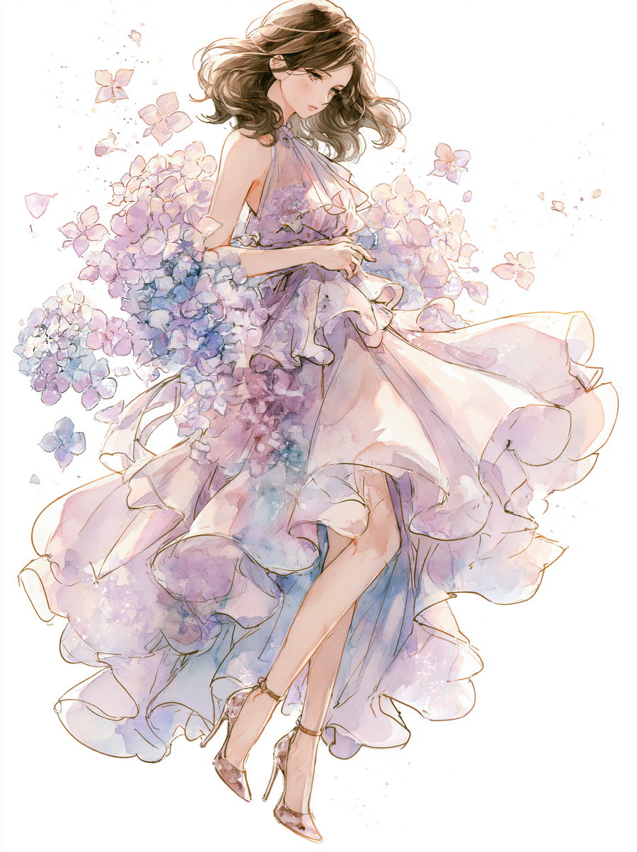 Delicate illustration of a woman with medium-length wavy hair wearing a flowing pastel purple dress, surrounded by clusters of soft purple and blue flowers
