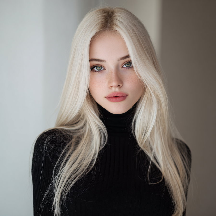 A close-up portrait of a young woman with long platinum blonde hair wearing a black turtleneck, looking directly at the camera with subtle makeup and visible freckles on her face.