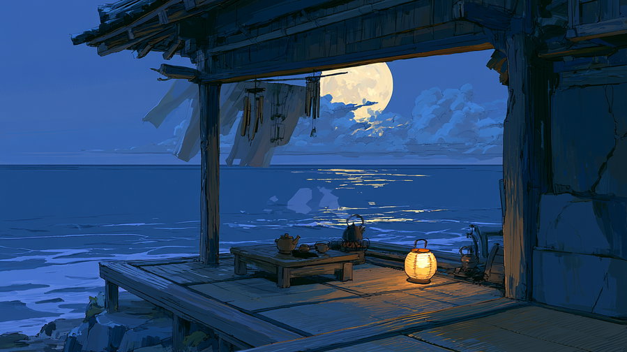 Digital illustration of a wooden coastal pavilion at night with a tea set on a low table, a glowing lantern, and a full moon reflecting on the ocean waves