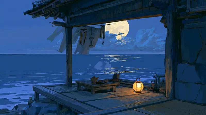 Serene coastal pavilion with tea set under full moon and lantern light