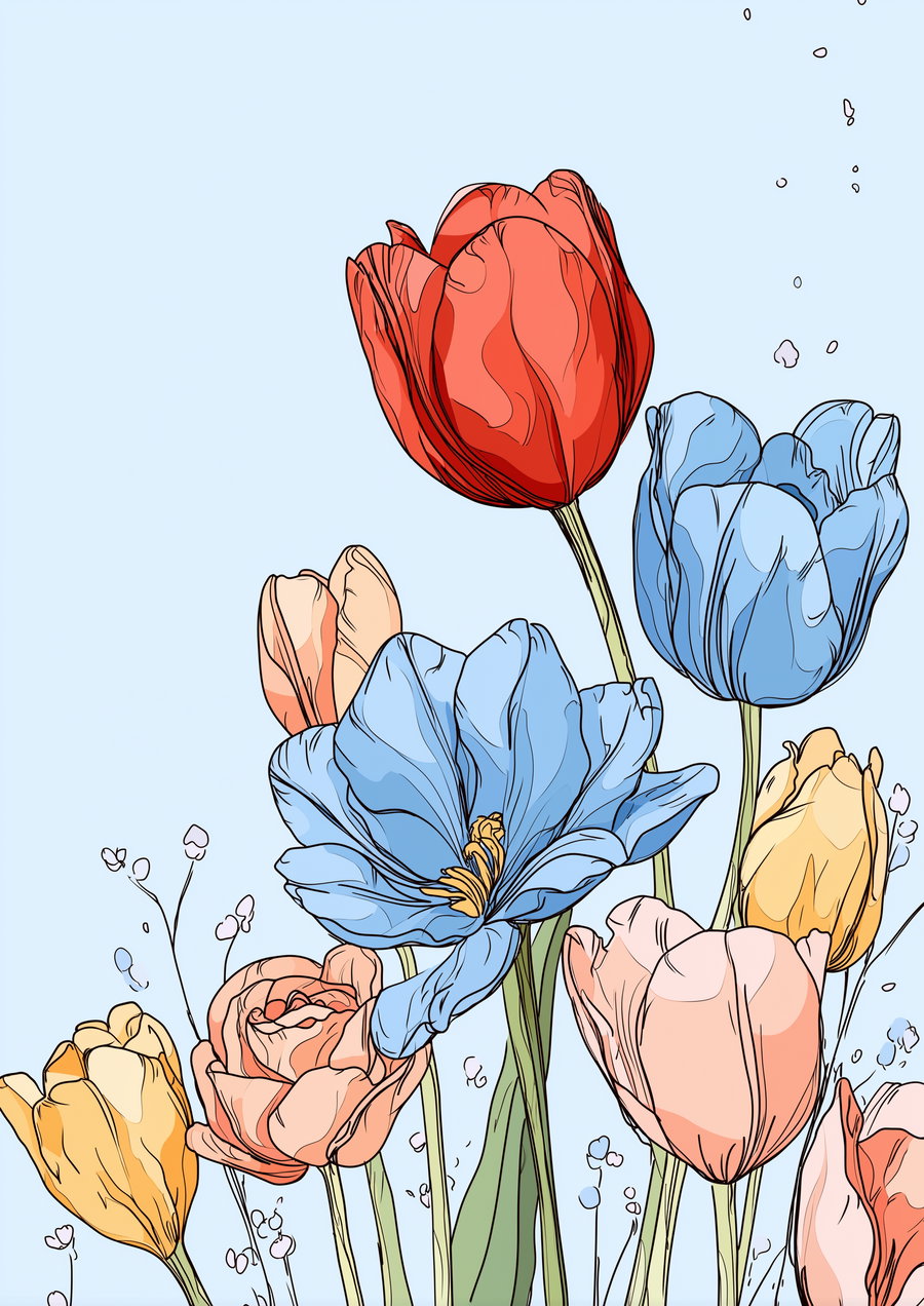 Illustration of various flowers including red tulip, blue tulips, peach and yellow flowers against a light blue background