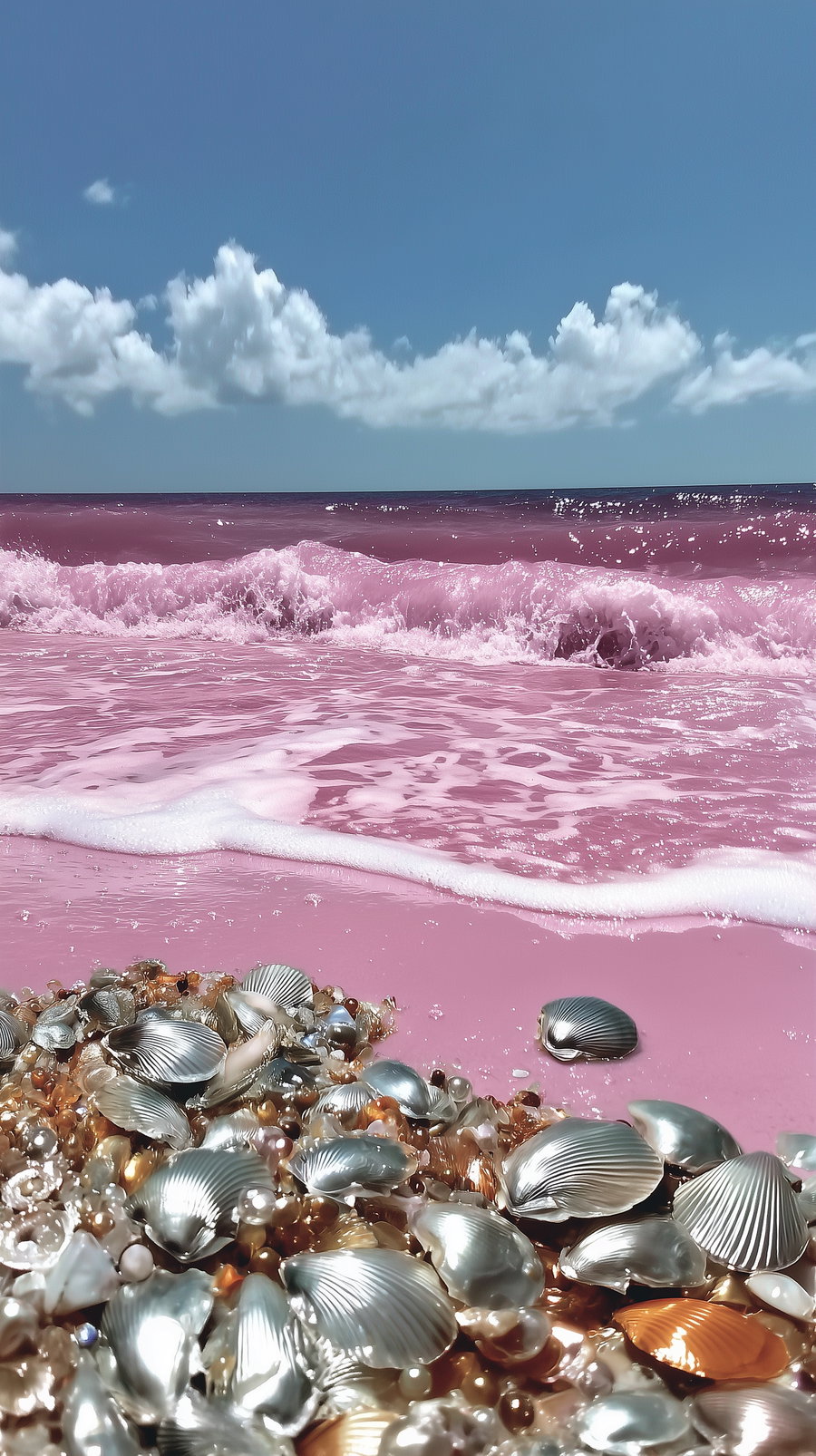Close-up of shiny silver seashells scattered on a vibrant pink sand beach with foamy pink waves and a clear blue sky with clouds