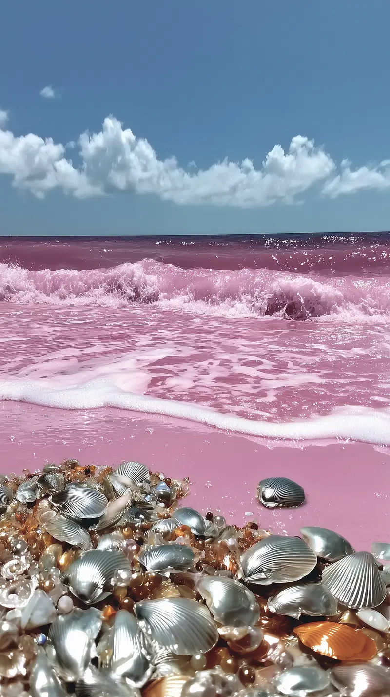 Shimmering silver seashells on a vivid pink sandy beach with blue sky