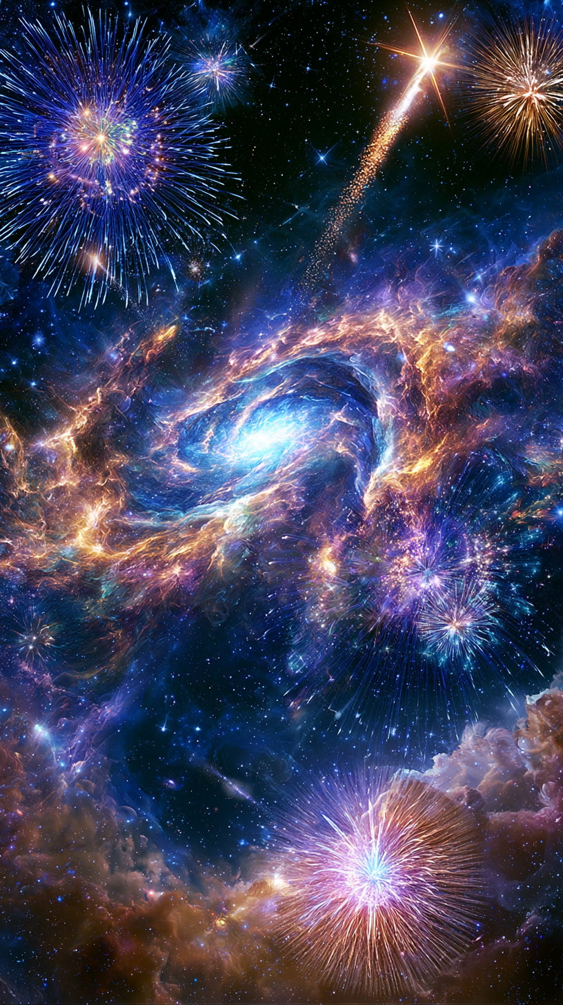 A vivid digital artwork depicting swirling galaxies, stars, and fireworks in a cosmic space scene with bright blues, purples, and gold tones