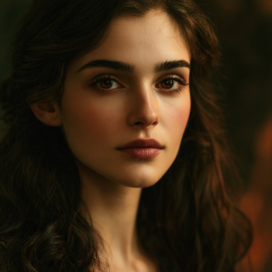 Close-up portrait of a young woman with long dark wavy hair, well-defined eyebrows, and a calm expression in warm, soft lighting