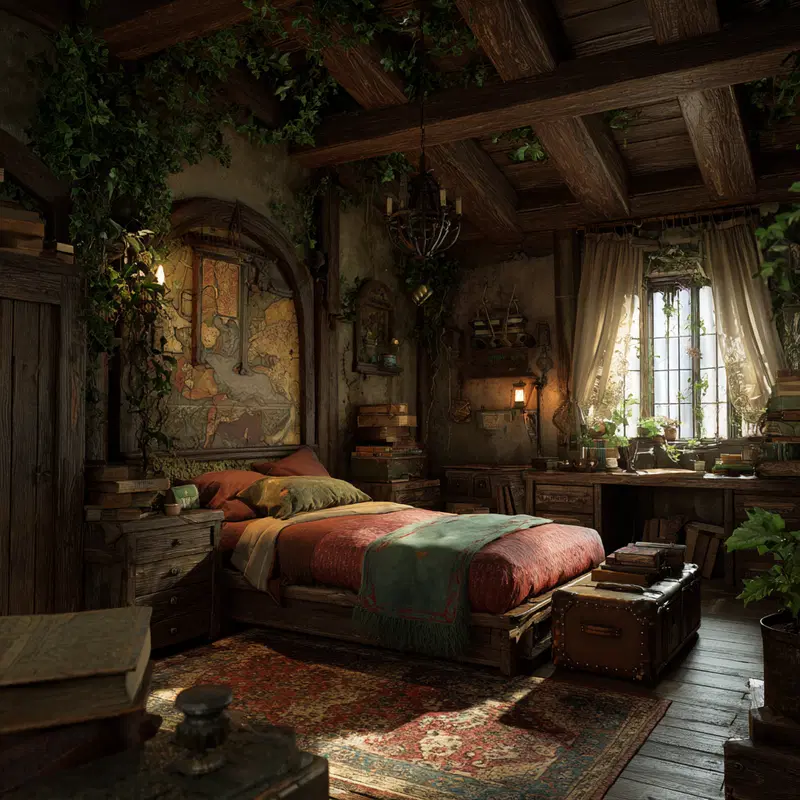 Cozy rustic bedroom with vintage map art and lush greenery