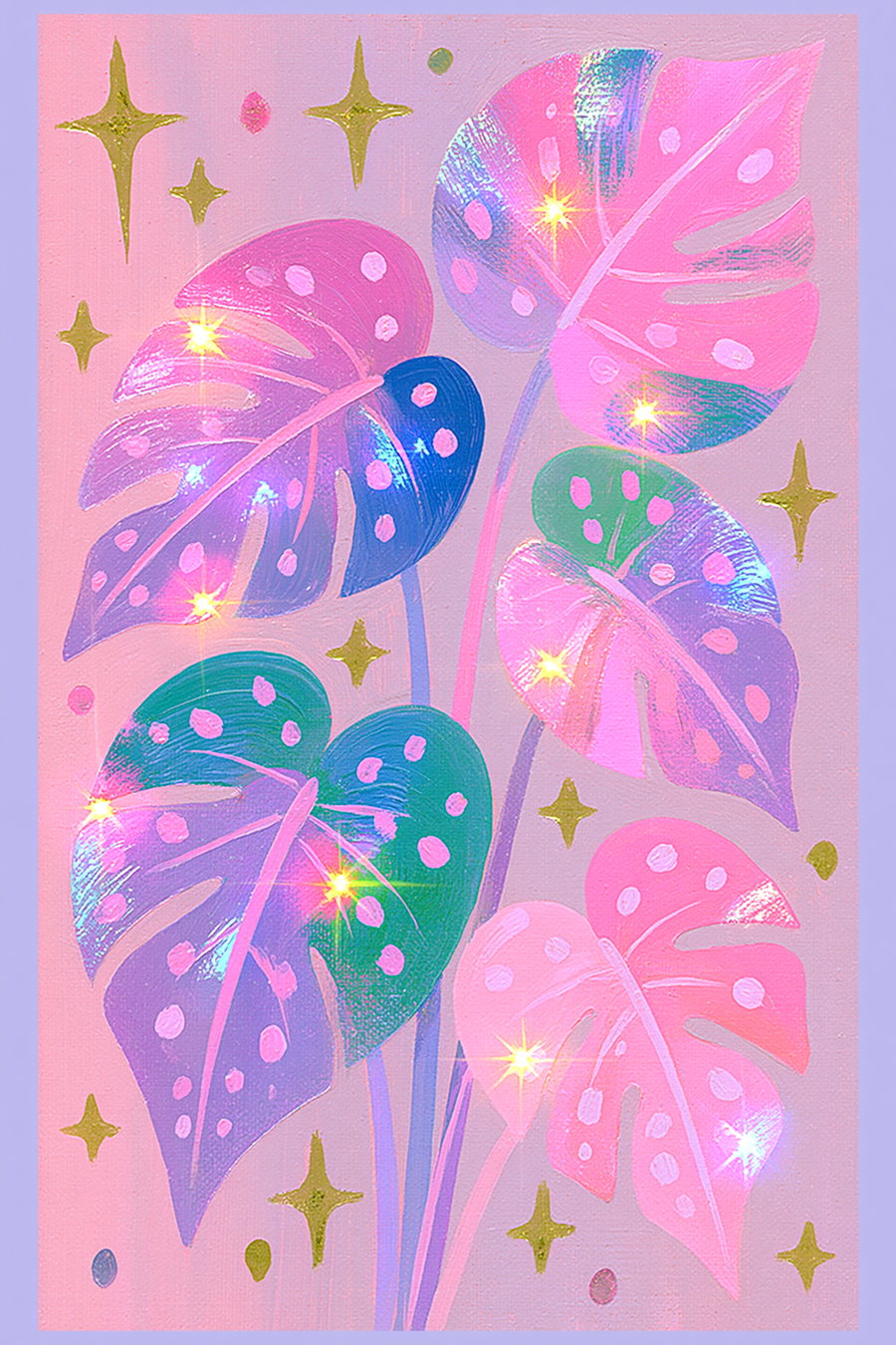 Illustration of large tropical leaves in shades of pink, purple, blue, and green with polka dots, set against a lavender background and surrounded by gold star-like shapes