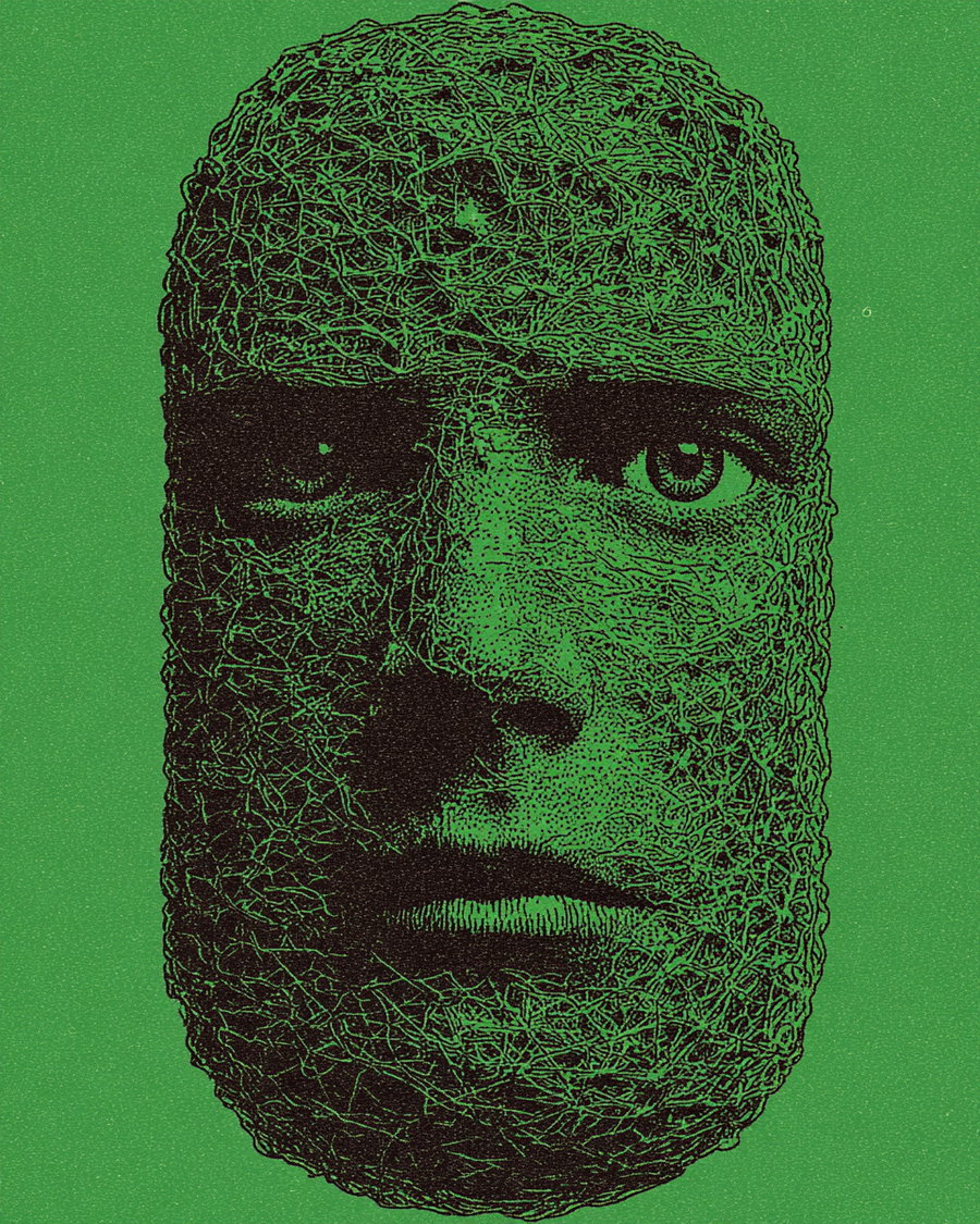 Detailed portrait of a human face formed with black abstract lines on a green background