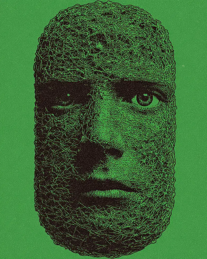 Intricate Green and Black Portrait with Abstract Linework Design