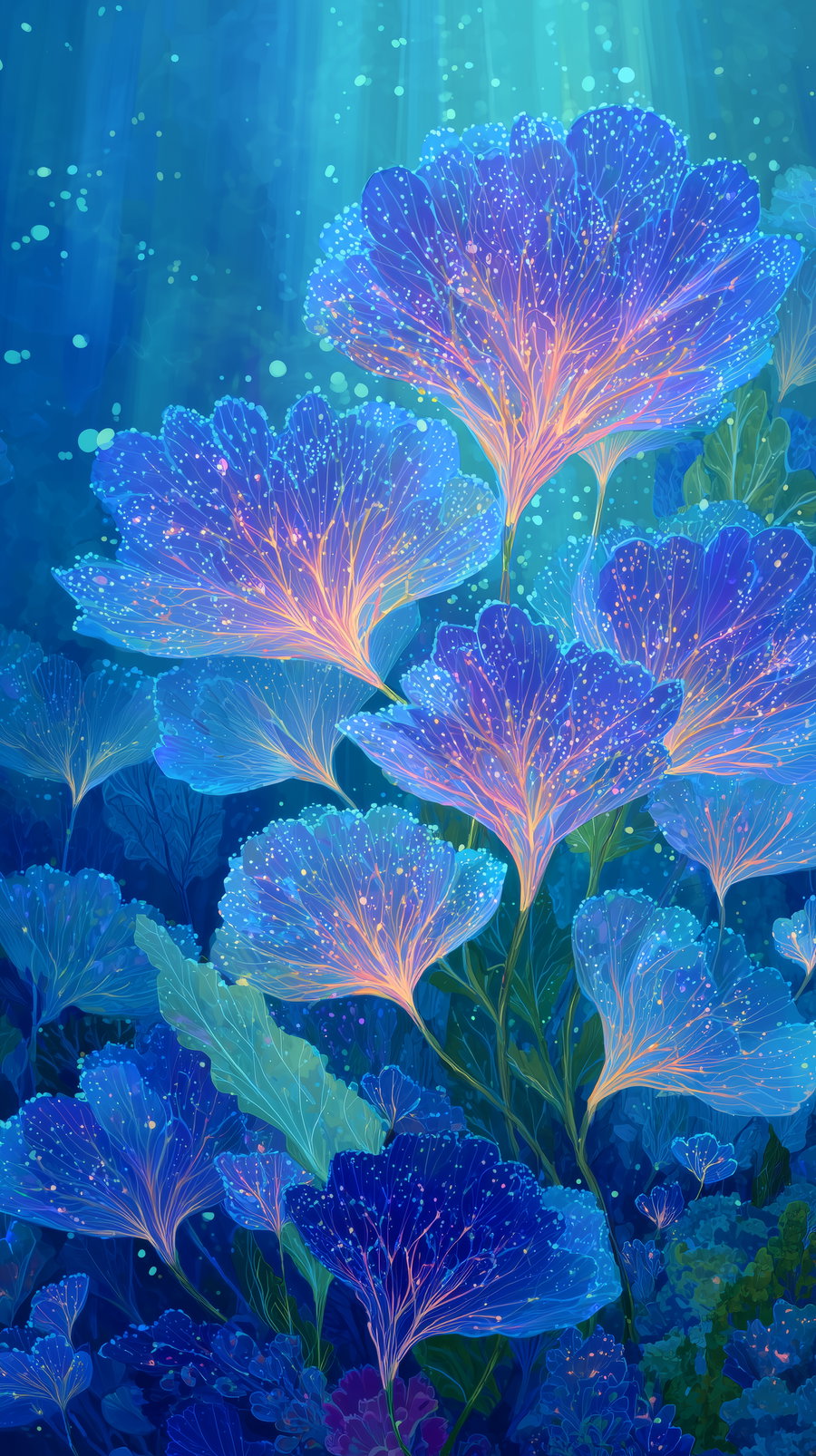 An artistic illustration of blue and purple glowing flowers with delicate petals and stems, set against a dark teal background with light beams and decorative speckles.