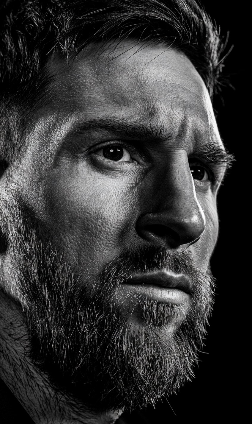 Black and white close-up photograph of a man's face with a thick beard, intense eyes, and textured skin, set against a dark background
