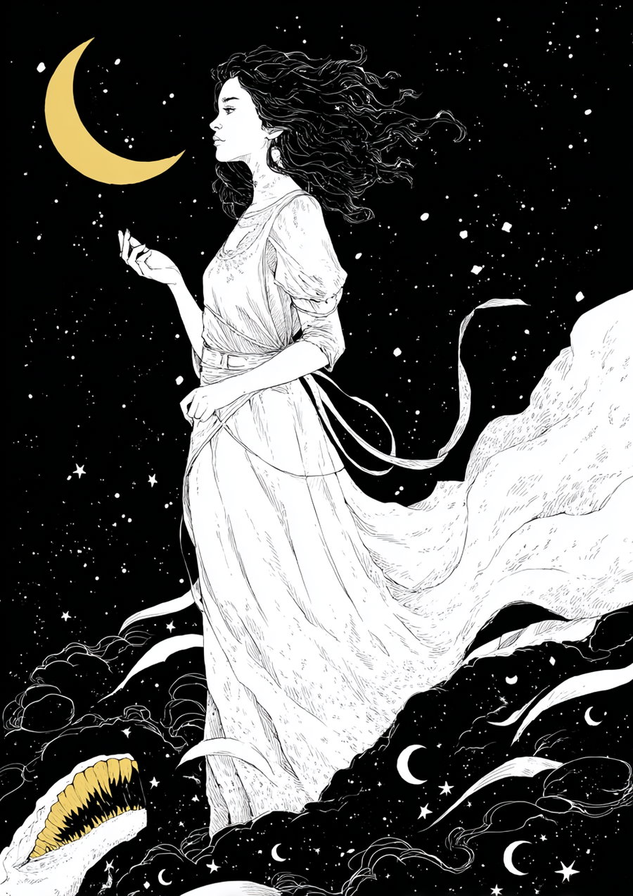 Black and white drawing of a woman with long flowing hair and dress standing amidst swirling clouds and stars, holding a crescent moon close to her face