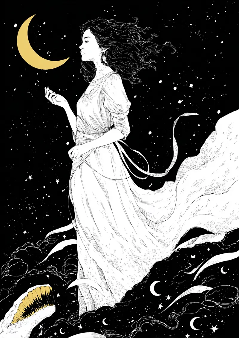Moody black and white illustration of a woman with flowing hair and dress under a crescent moon
