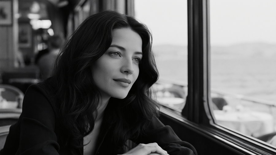 Black and white photo of a woman with long hair looking thoughtfully out of a window in an indoor setting