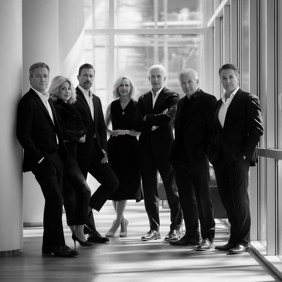 Black and white photo of seven adults wearing formal clothing standing indoors near large windows with natural light