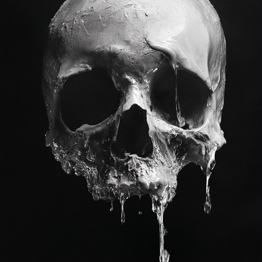 A realistic human skull melting or dripping with liquid metal or wax on a black background