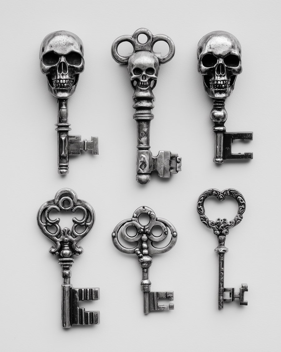 Six vintage ornate metal keys arranged in two rows on a white background, three of the keys have skull-shaped handles and three have intricate classical designs