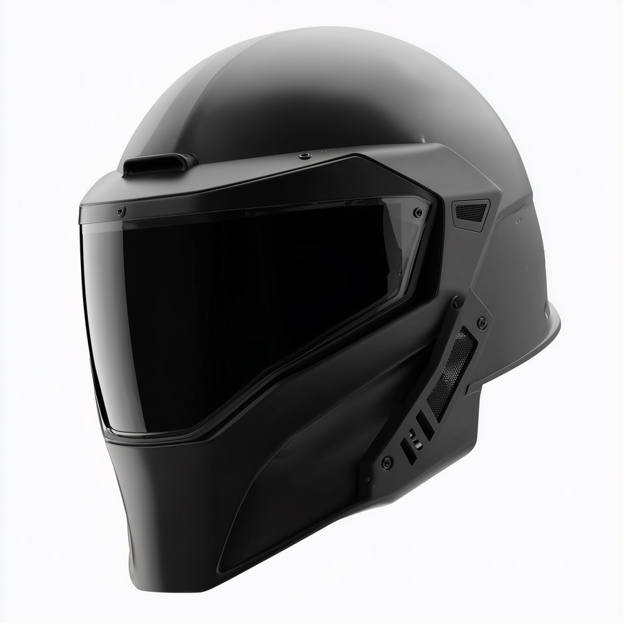A glossy black modern helmet with a large reflective visor, featuring angular design elements and ventilation grills, shown on a plain white background.