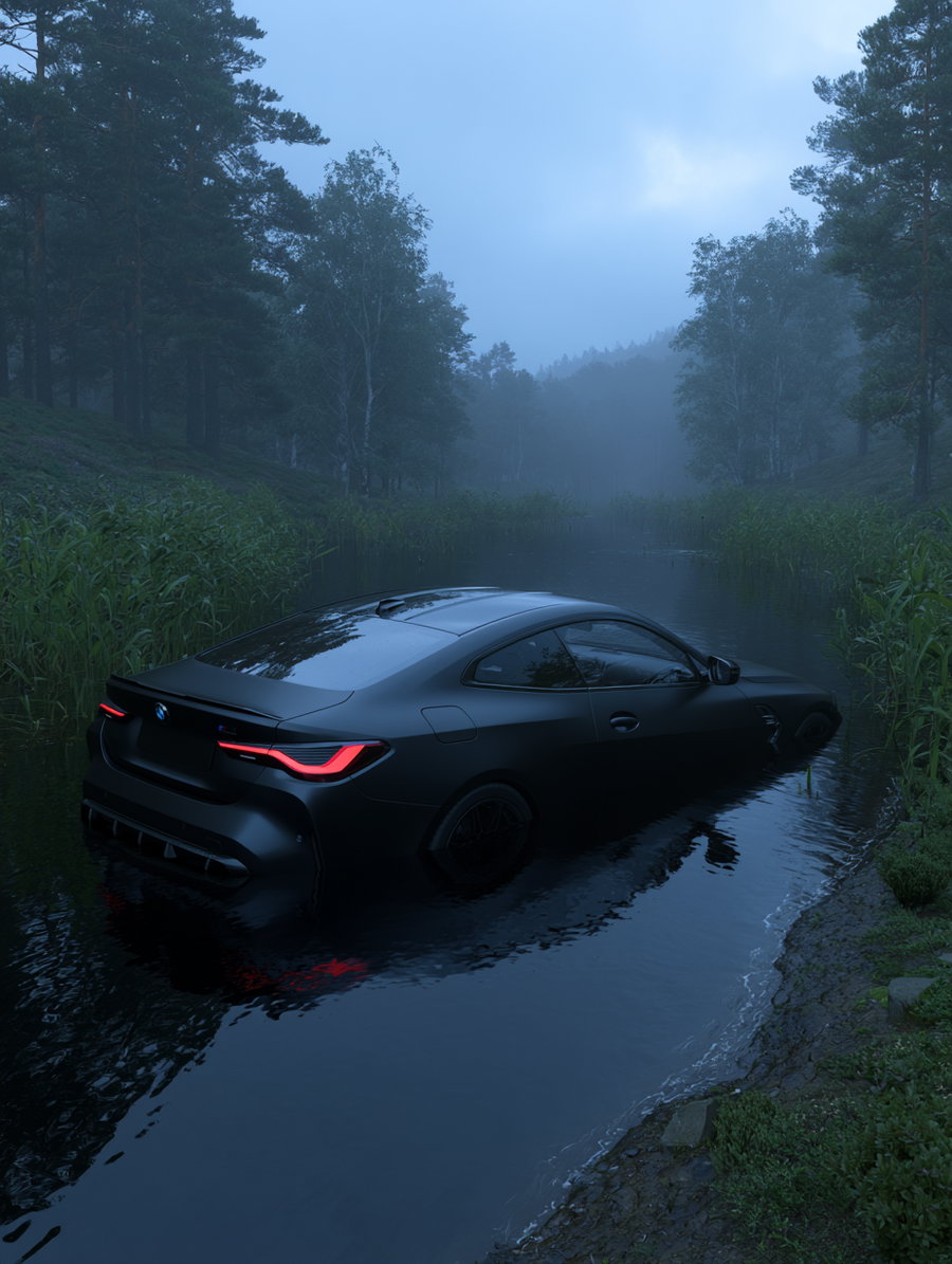 A black modern sports car submerged in a shallow river surrounded by dense trees under a cloudy blue sky with mist in the background