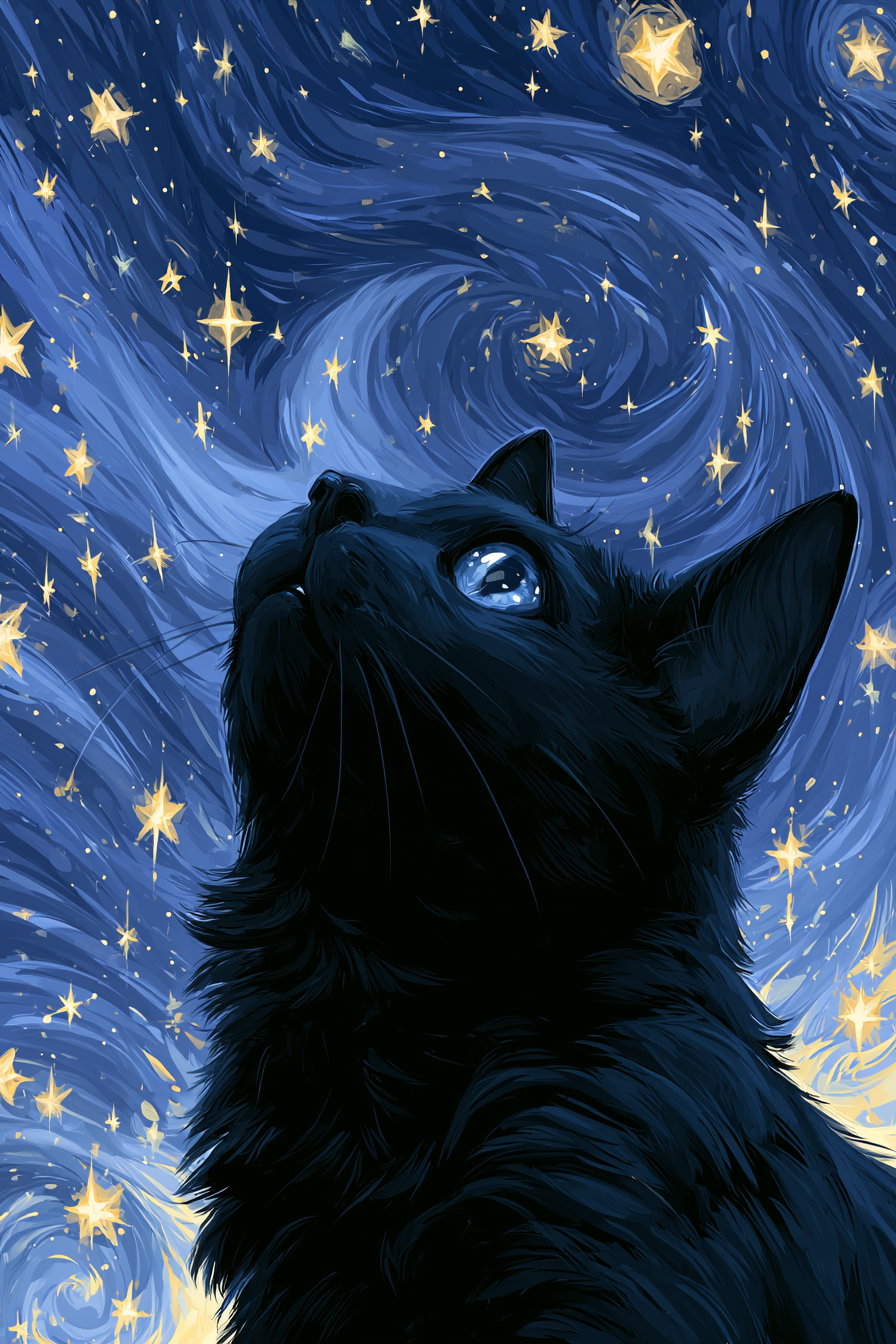 Illustration of a black cat gazing upward with a night sky backdrop filled with swirling stars and glowing golden star shapes