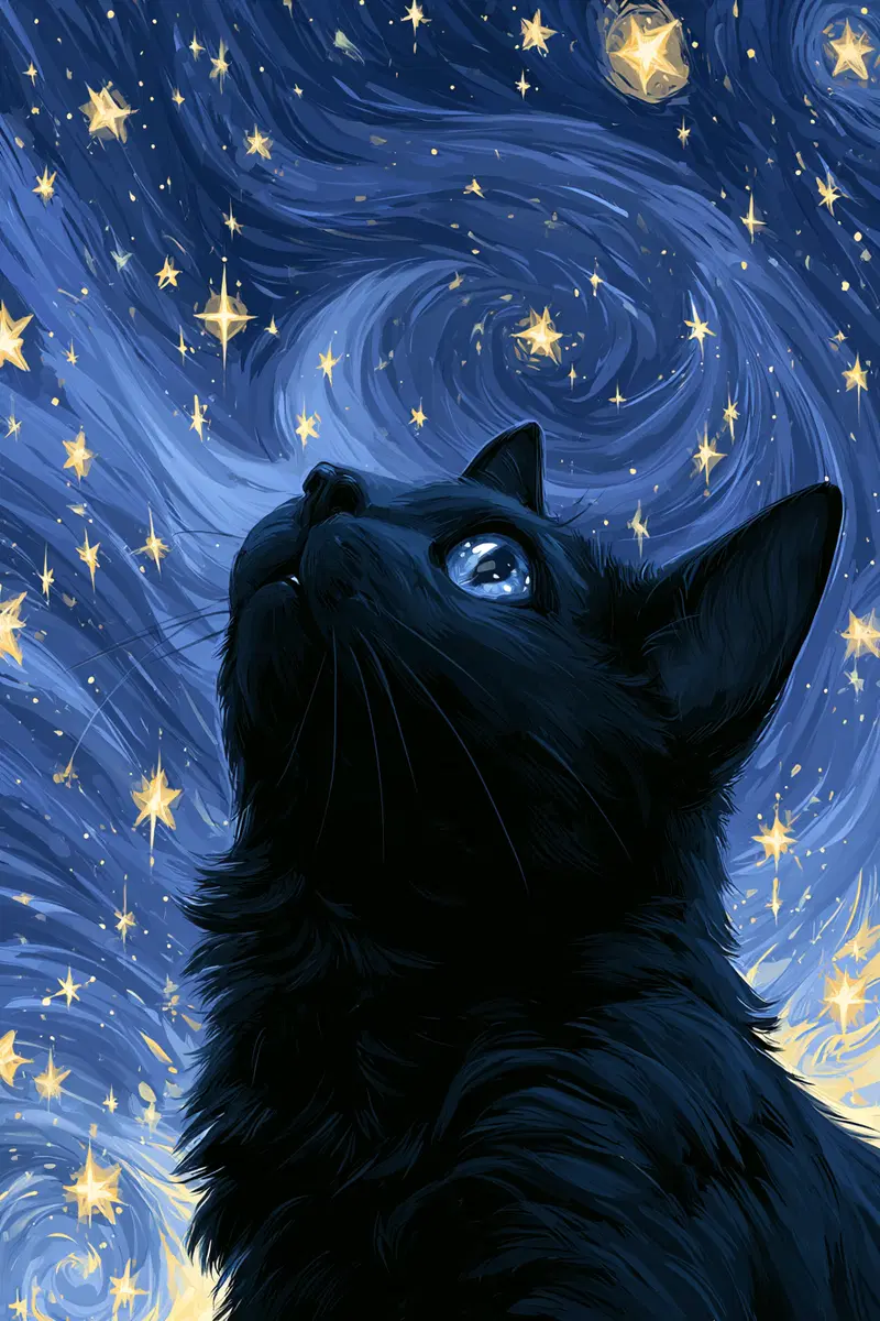 Digital Art of a Black Cat Looking Up at a Starry Swirling Night Sky