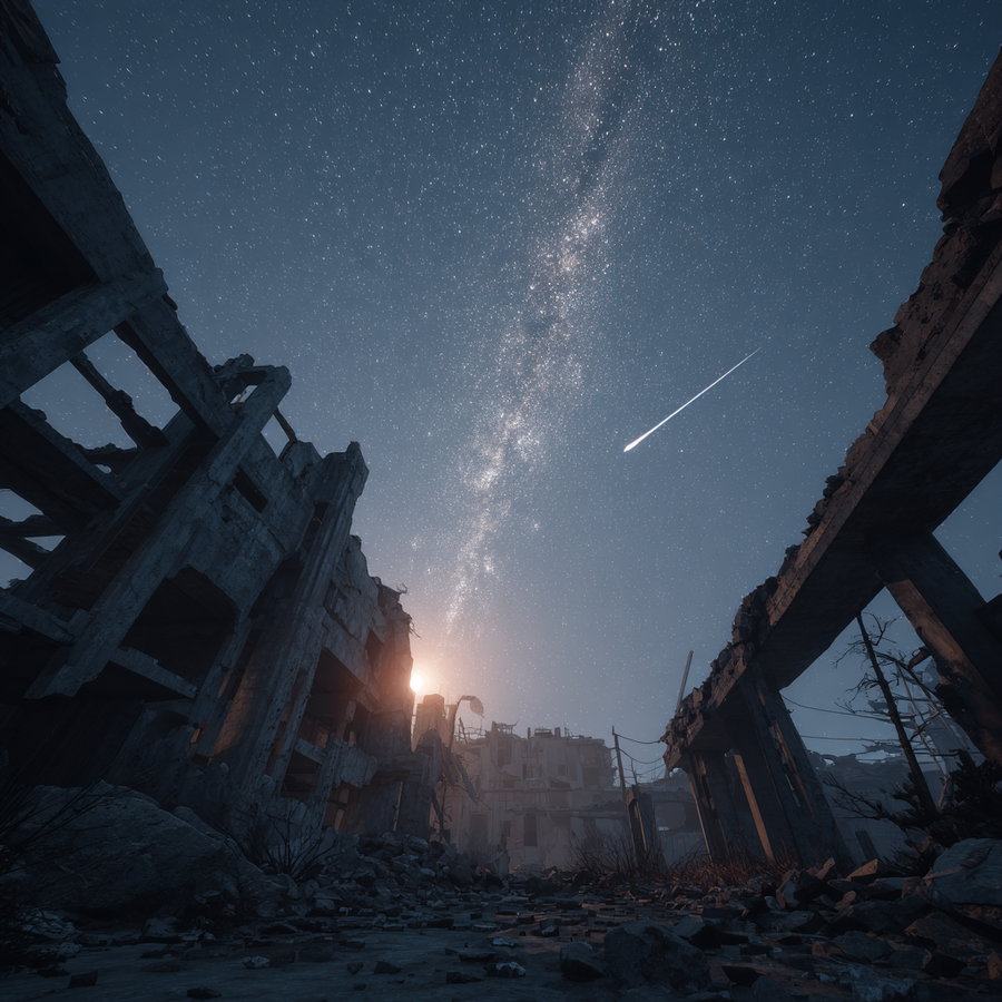 night view of starry sky with Milky Way and shooting star above ruined buildings and rocky ground