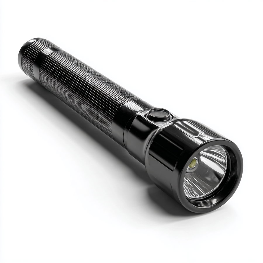 Black flashlight laying on a white surface with detailed texture and button visible