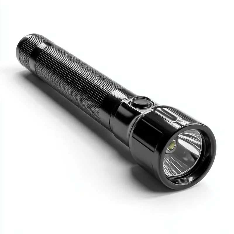 Close-up of a modern black flashlight on a white background