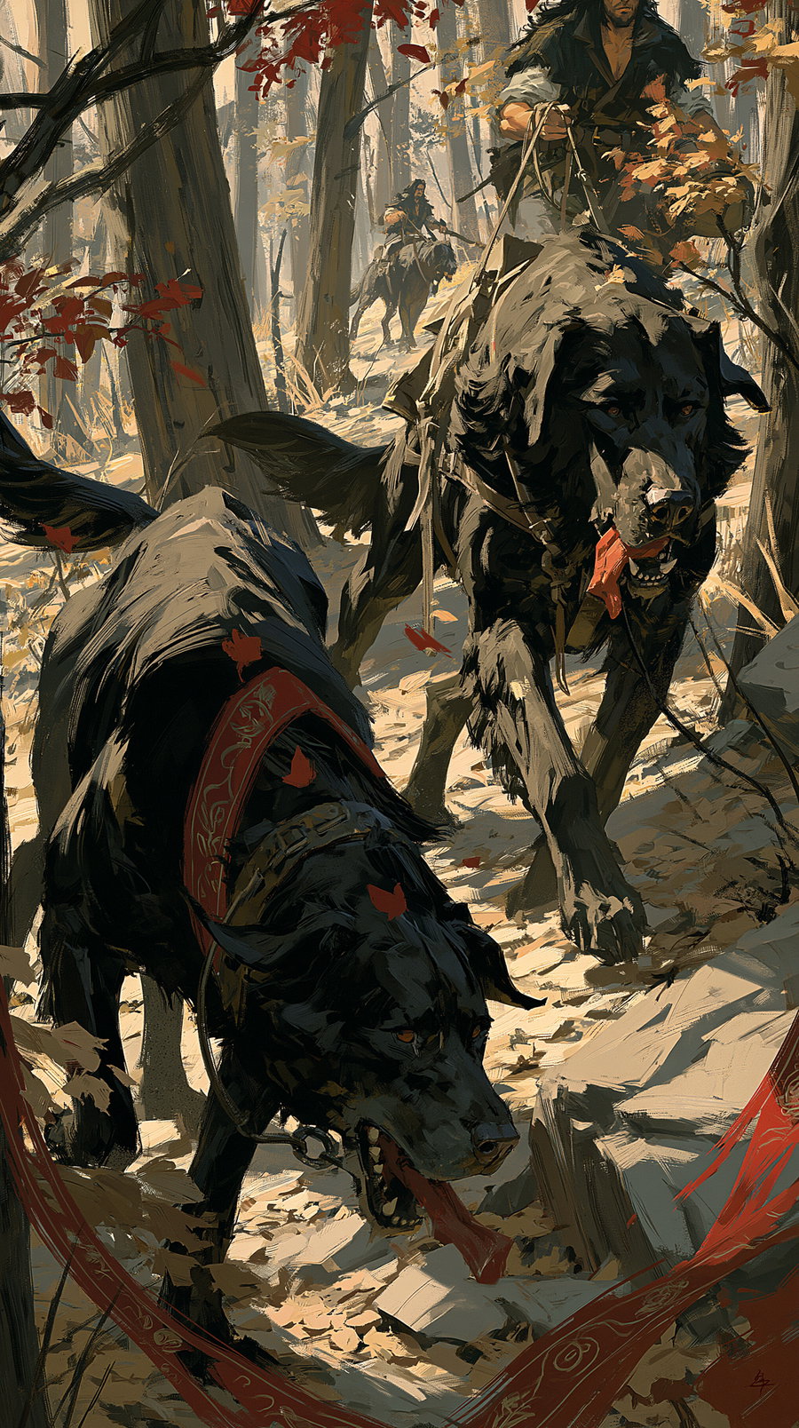 Two large black dogs with red collars walking on a rocky forest path covered with fallen leaves, with a man riding a horse in the background among tall trees