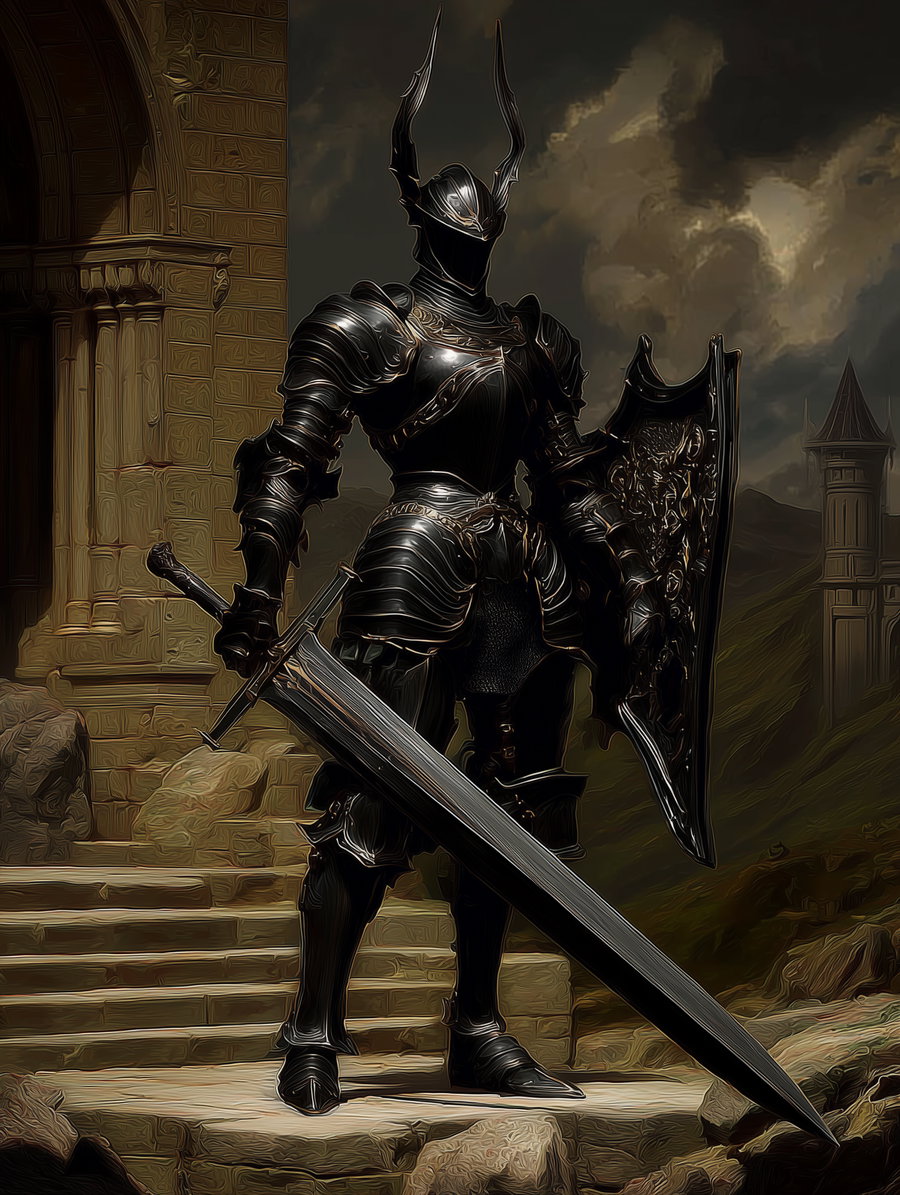 A figure in detailed black armor with a horned helmet holding a large sword and ornate shield in front of an ancient stone building and stormy sky