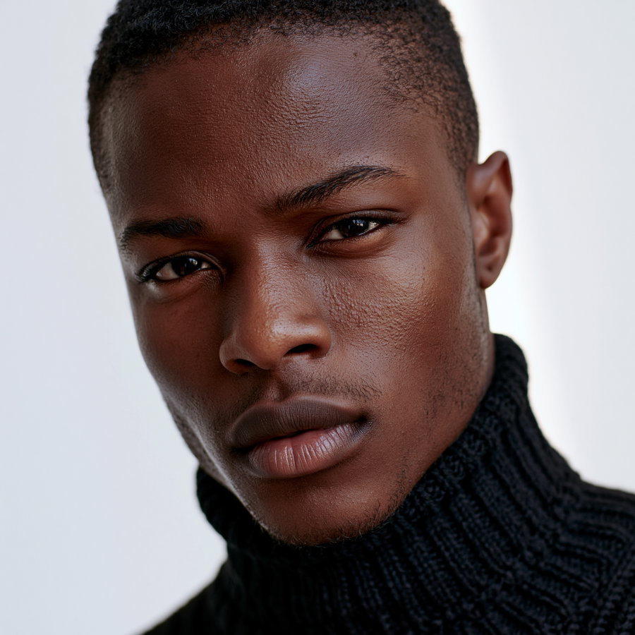 Close-up image of a young man with a serious expression, wearing a black knitted turtleneck sweater, with a neutral light background.