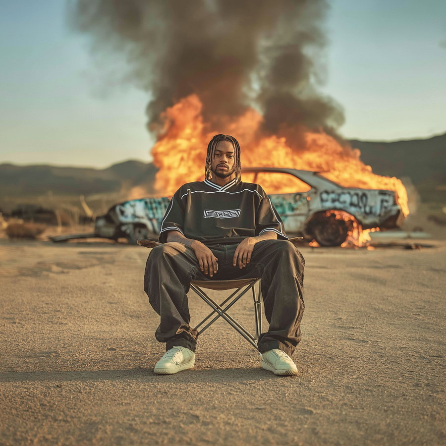 A man with braided hair sitting on a folding chair in an outdoor setting with an old car engulfed in flames and thick smoke behind him, mountains visible in the background