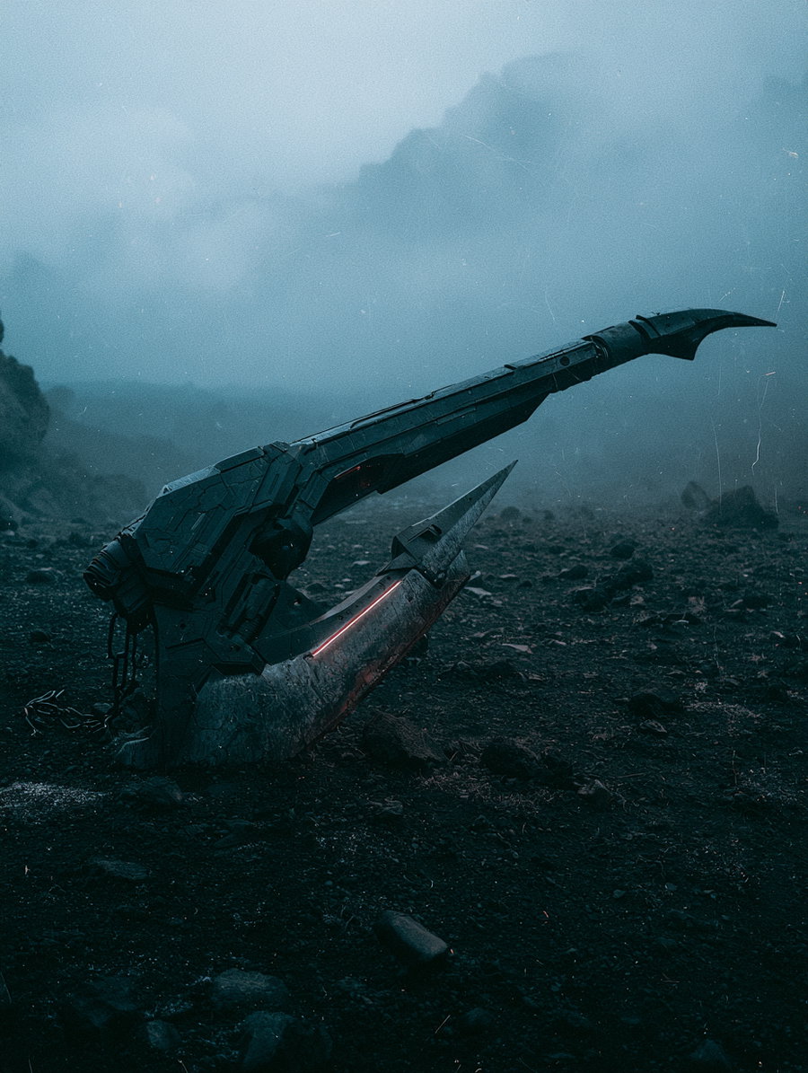 A large dark mechanical claw or pincer with glowing red accents resting on rocky ground in a foggy, desolate environment with muted bluish tones.