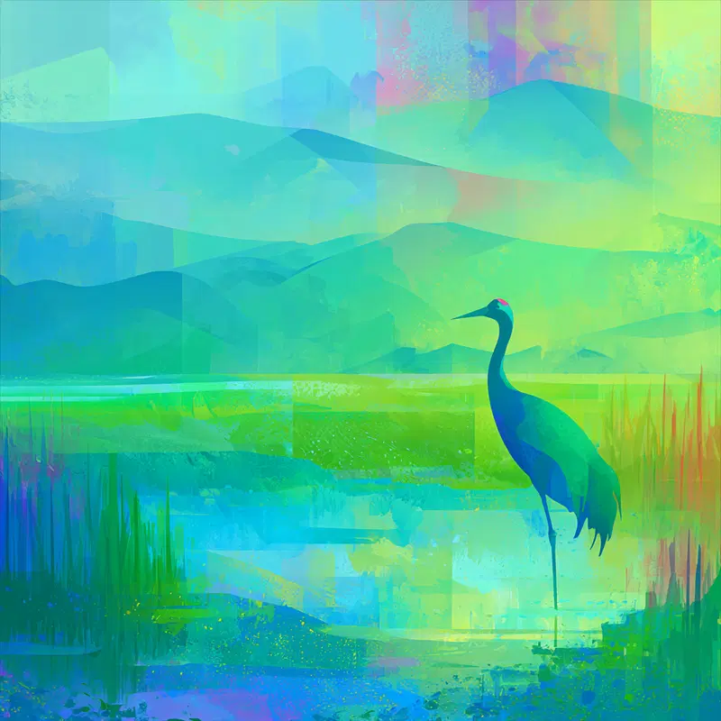 Abstract bird standing in a serene watercolor-style wetland landscape