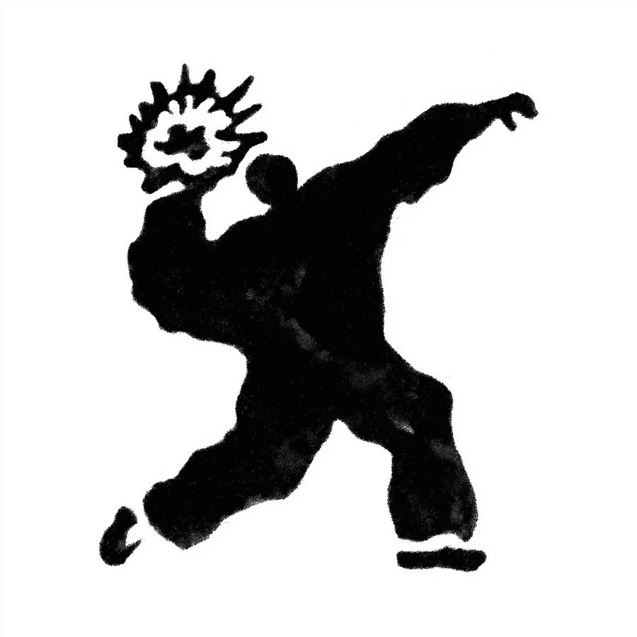 Black silhouette of a person in loose clothing holding a circular spiky shape on a white background