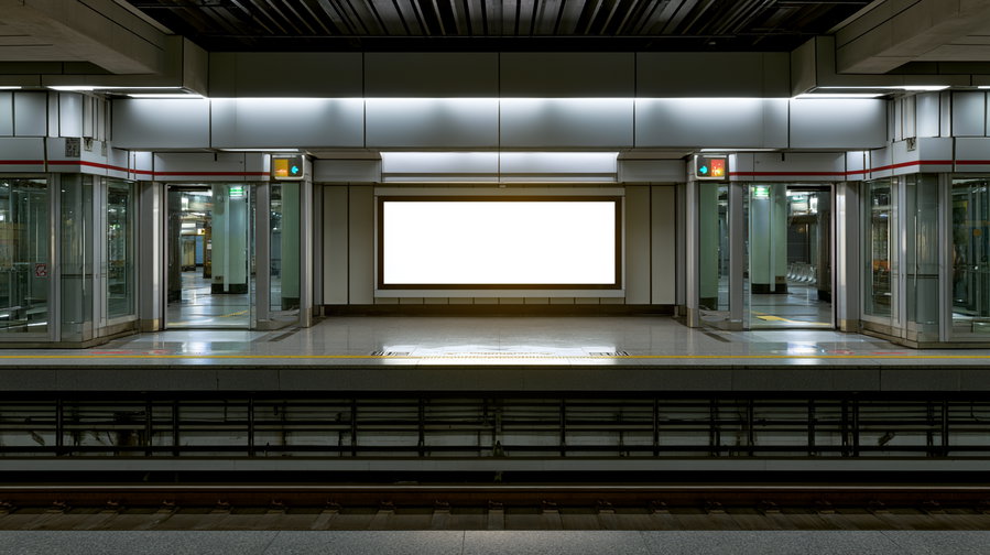 A modern subway station platform with an empty advertisement board, surrounded by glass walls and a clean floor.