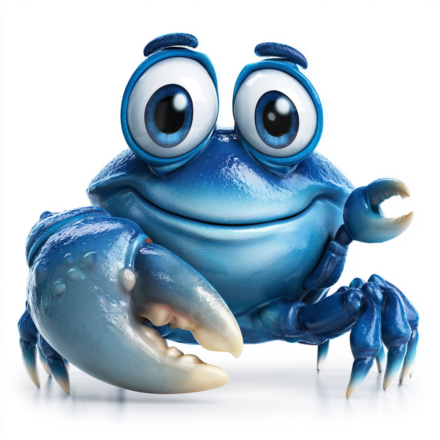 A blue cartoon crab with large, expressive eyes, a big claw raised, and a smiling mouth, set against a white background