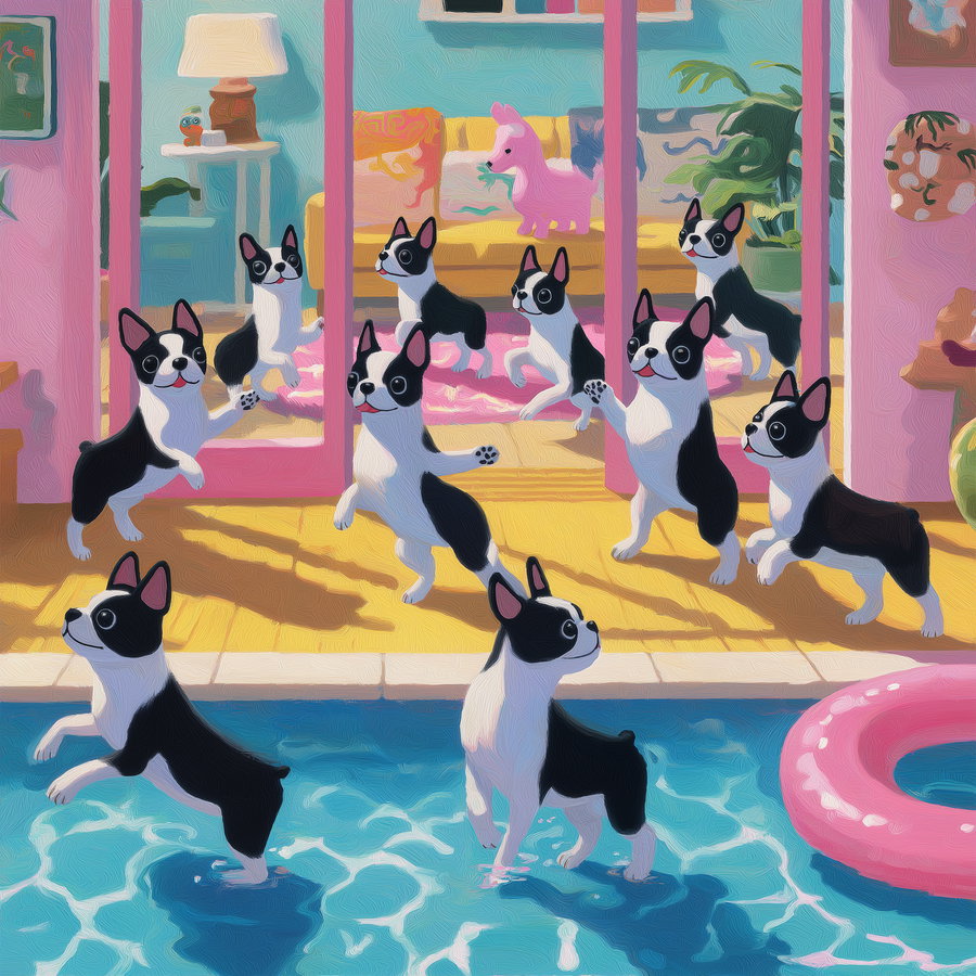 Illustration showing numerous Boston Terrier dogs standing and playing in a colorful room and a swimming pool with a pink inflatable ring
