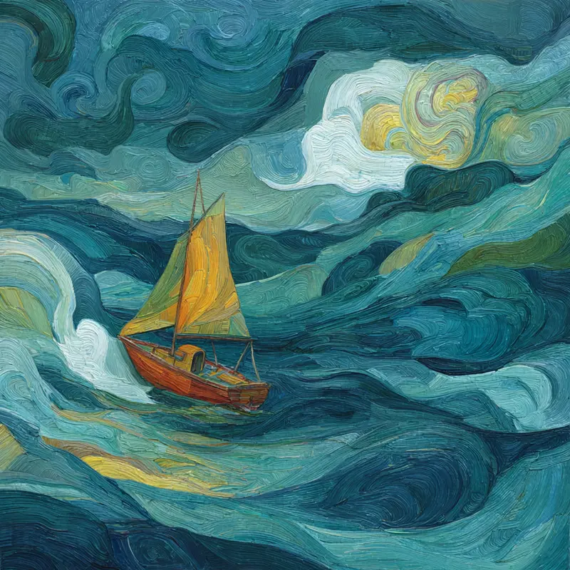 Vibrant oil painting of a sailboat on swirling blue coastal waters