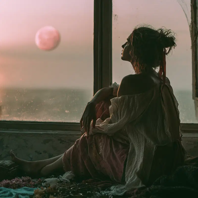 Silhouetted woman in flowing dress gazing out a window at a pink moon
