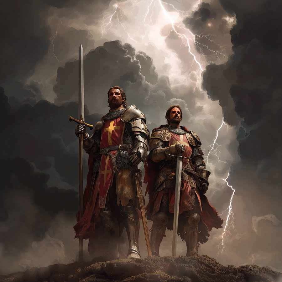 Two medieval knights in detailed armor holding swords, standing on rocky ground with dark storm clouds and lightning in the background