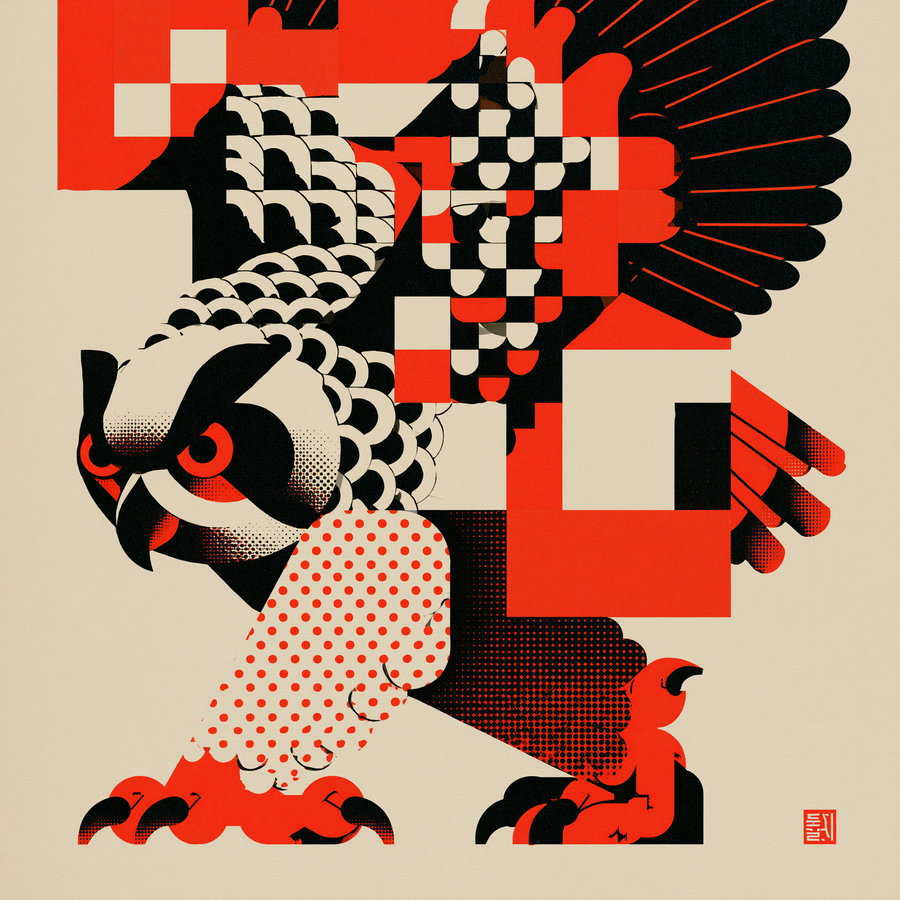 An abstract geometric illustration of an owl featuring red, black, and beige colors with various patterns and shapes