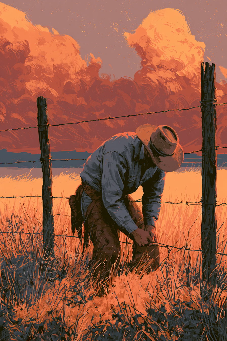 Painting of a cowboy wearing a hat and work clothes bending down to fix a barbed wire fence with tall grass and dramatic orange sunset sky in the background