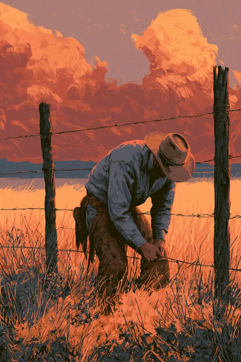 Artwork of a cowboy fixing barbed wire fence at sunset in a field