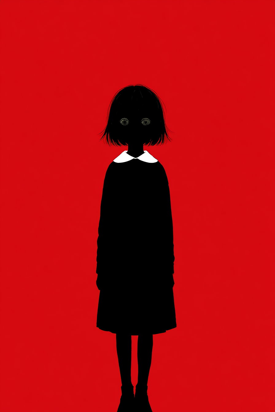 Illustration of a girl in a black dress with a white collar, depicted as a black silhouette with detailed eyes, set against a solid red background