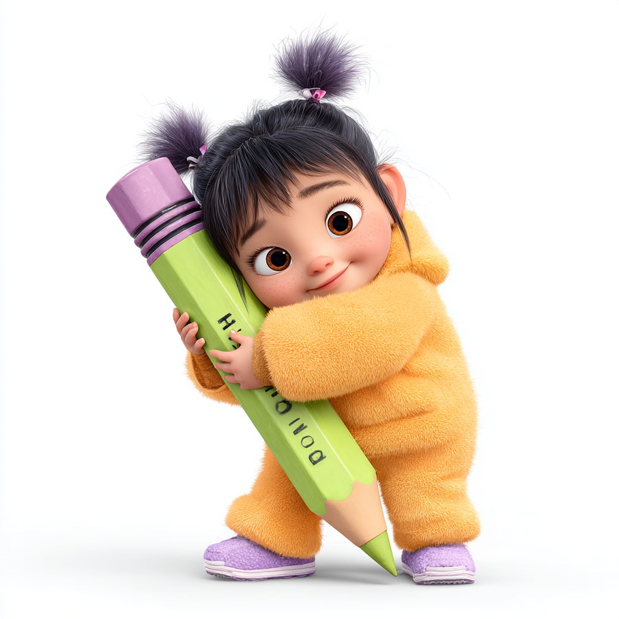 3D animated young girl with black hair in pigtails wearing an orange fuzzy outfit and purple shoes, hugging a giant green pencil with a pink eraser on a white background