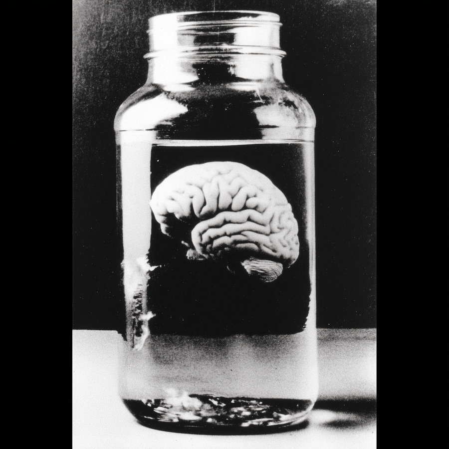 A black and white photo showing a brain submerged in liquid inside a glass jar against a dark background