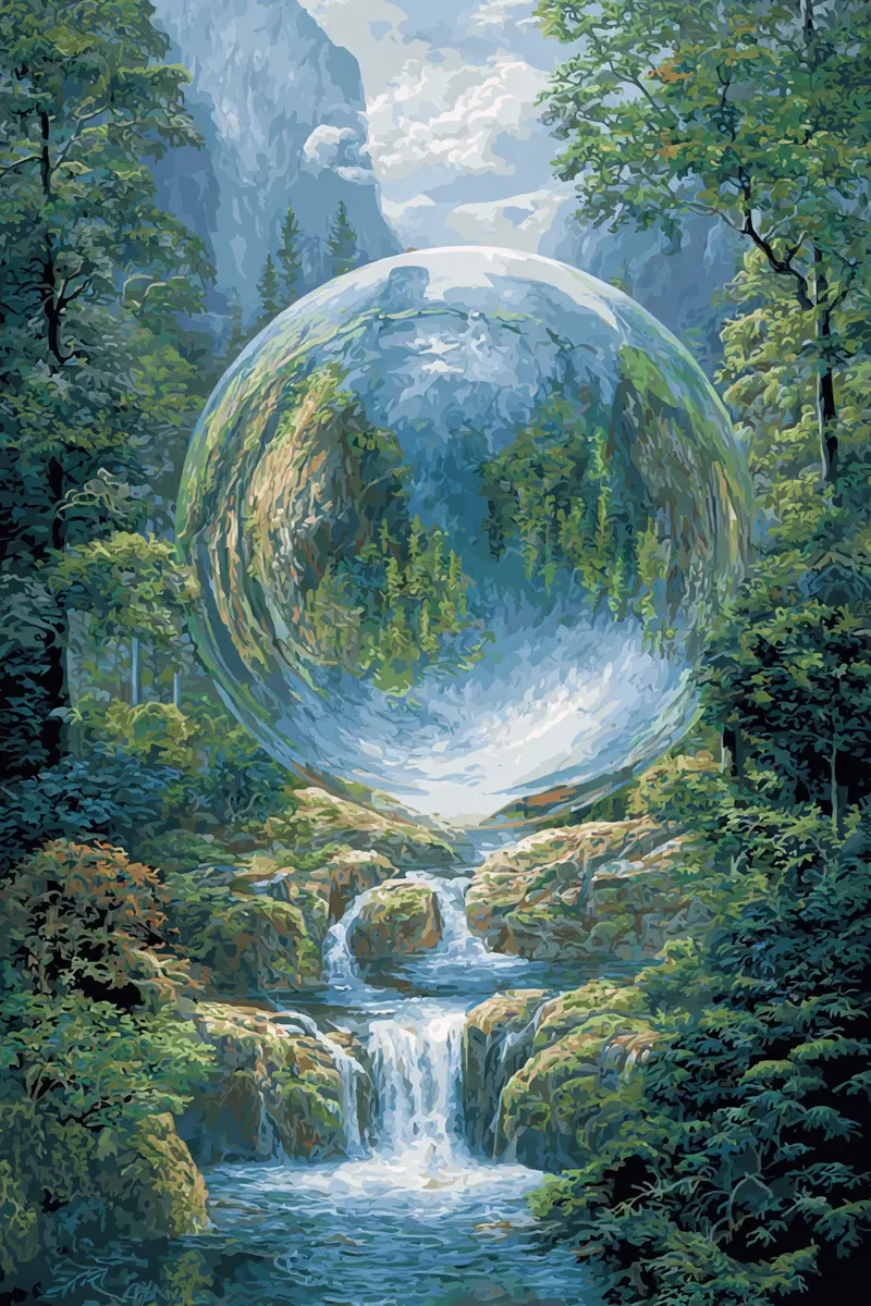 Surreal Nature Scene with Floating Transparent Sphere over Waterfall