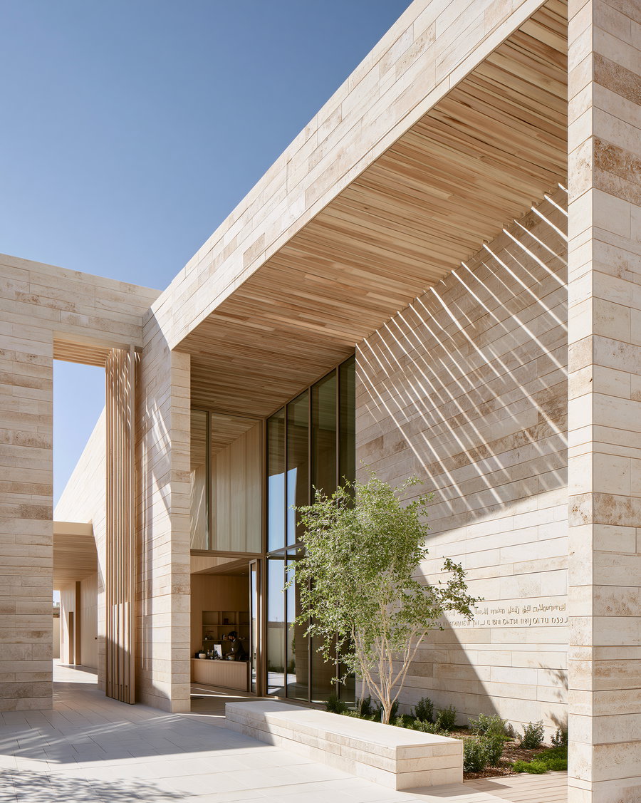 Outdoor view of a modern building with beige stone walls, large glass windows, wooden ceiling panels, shadows from wooden slats, and a small tree with green leaves nearby