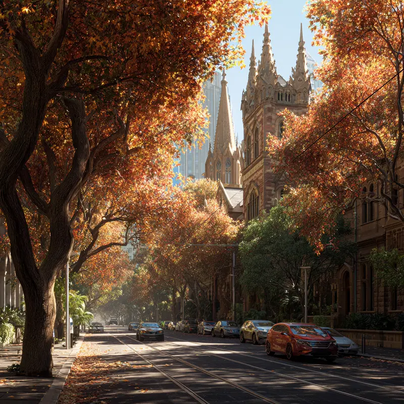 Autumn city street with colorful trees and historic church architecture